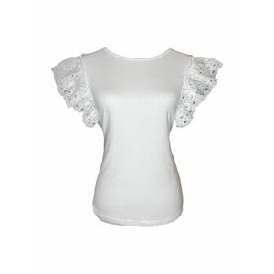 Patrizia Luca Womens Ruffle Sleeve White T-shirt Size XL Tee Round Neck Top